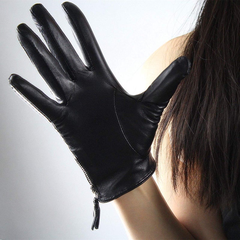 DooWay Short Black Touchscreen Real Leather Gloves, Imported Goatskin Leather Tassel Zipper Unique Pop Finger Gloves, size S - Image 3